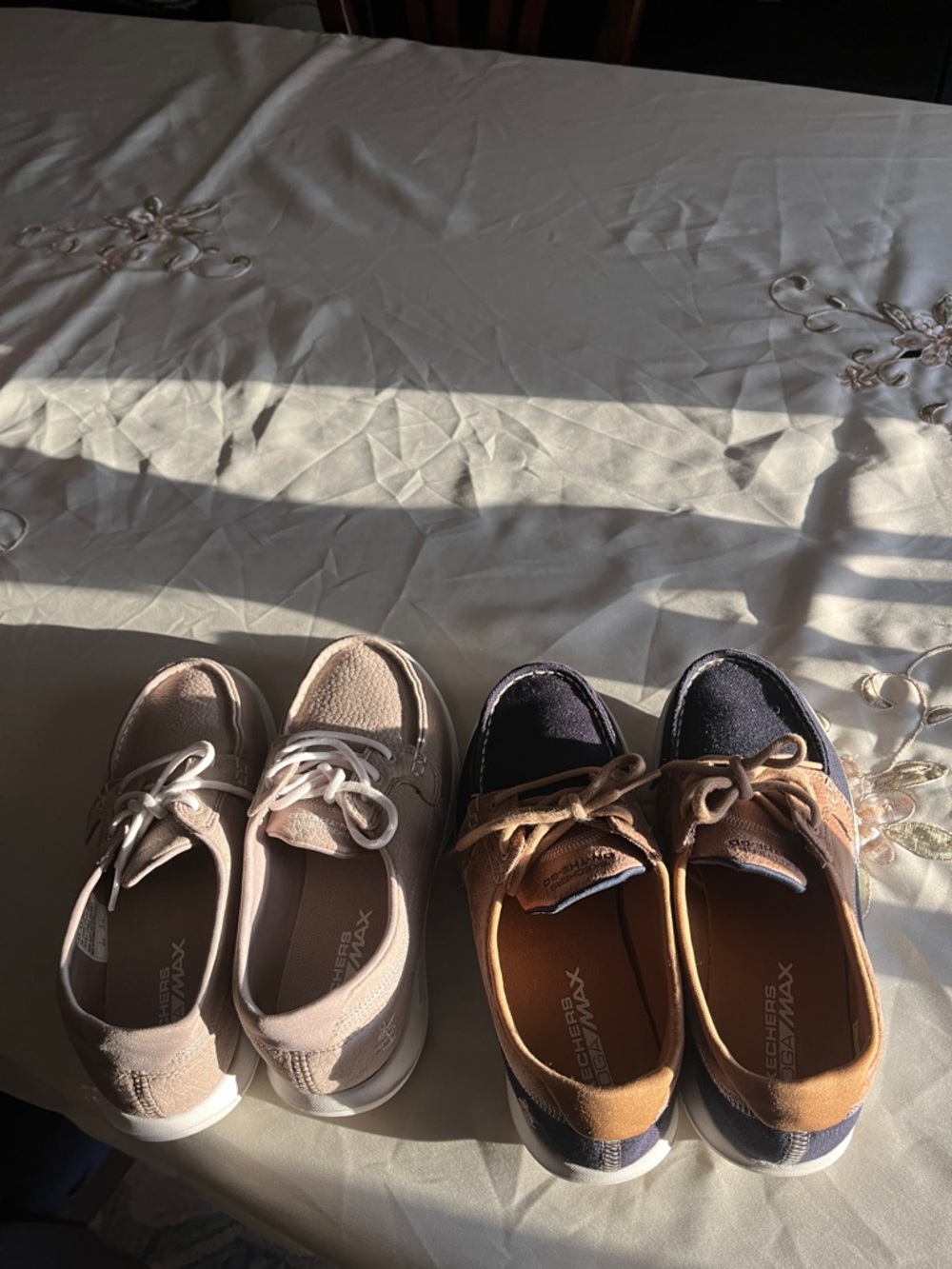 Skechers Slip-On Casual Shoes 2 pr Beige and Navy with Brown Accents